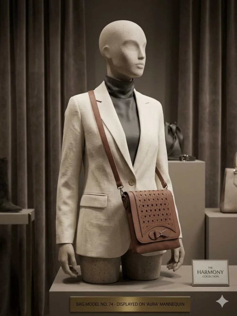 Brown Leather Handbag – Perforated Front & Bow Accent